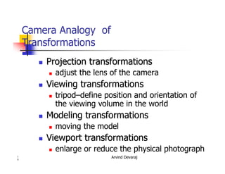 Arvind Devaraj1
0
Camera Analogy of
Transformations
�� Projection transformationsProjection transformations
� adjust the lens of the camera
�� Viewing transformationsViewing transformations
� tripod–define position and orientation of
the viewing volume in the world
�� Modeling transformationsModeling transformations
� moving the model
�� ViewportViewport transformationstransformations
� enlarge or reduce the physical photograph
 