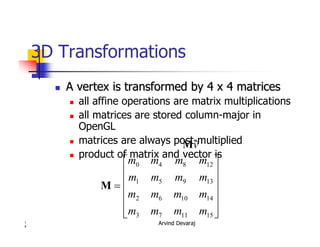 Arvind Devaraj1
4
3D Transformations
�� A vertex is transformed by 4 x 4 matricesA vertex is transformed by 4 x 4 matrices
� all affine operations are matrix multiplications
� all matrices are stored column-major in
OpenGL
� matrices are always post-multiplied
� product of matrix and vector is
v
�
M
�
�
�
�
�
�
�
�
�
�
�
�
�
151173
141062
13951
12840
mmmm
mmmm
mmmm
mmmm
M
 
