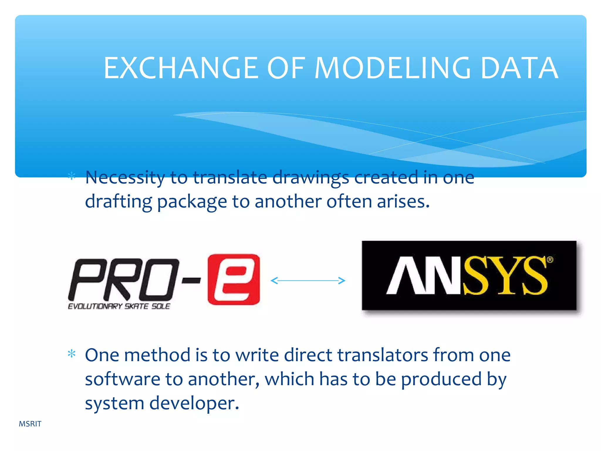 ∗ Necessity to translate drawings created in one
drafting package to another often arises.
∗ One method is to write direct translators from one
software to another, which has to be produced by
system developer.
EXCHANGE OF MODELING DATA
MSRIT
 