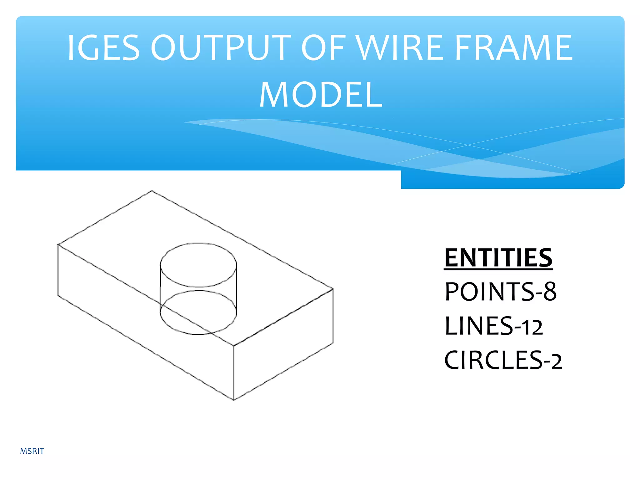 IGES OUTPUT OF WIRE FRAME
MODEL
ENTITIES
POINTS-8
LINES-12
CIRCLES-2
MSRIT
 