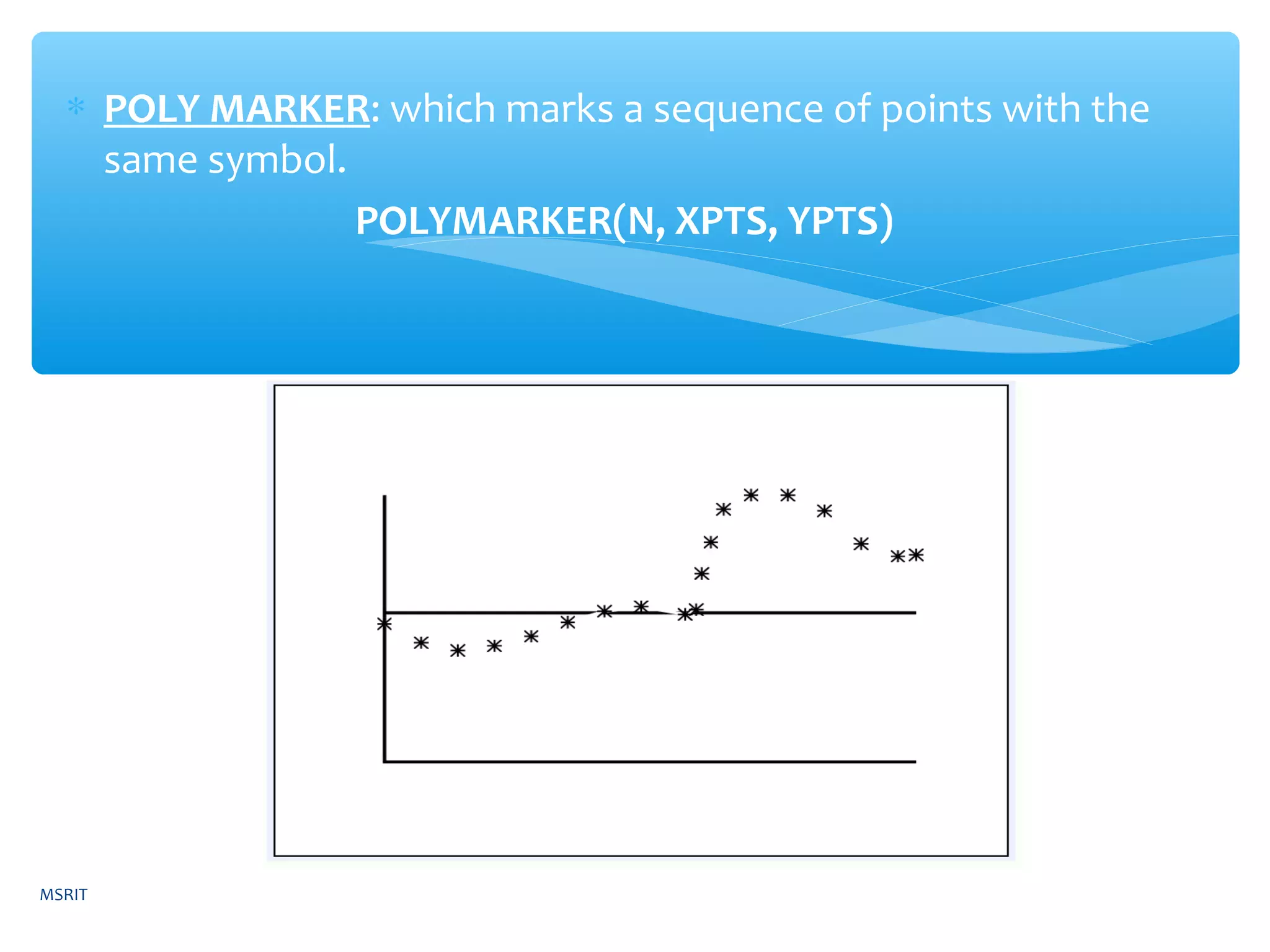 ∗ POLY MARKER: which marks a sequence of points with the
same symbol.
POLYMARKER(N, XPTS, YPTS)
MSRIT
 