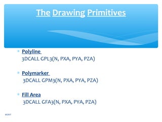 ∗ Polyline
3DCALL GPL3(N, PXA, PYA, PZA)
∗ Polymarker
3DCALL GPM3(N, PXA, PYA, PZA)
∗ Fill Area
3DCALL GFA3(N, PXA, PYA, PZA)
The Drawing Primitives
MSRIT
 