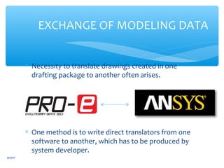 ∗ Necessity to translate drawings created in one
drafting package to another often arises.
∗ One method is to write direct translators from one
software to another, which has to be produced by
system developer.
EXCHANGE OF MODELING DATA
MSRIT
 
