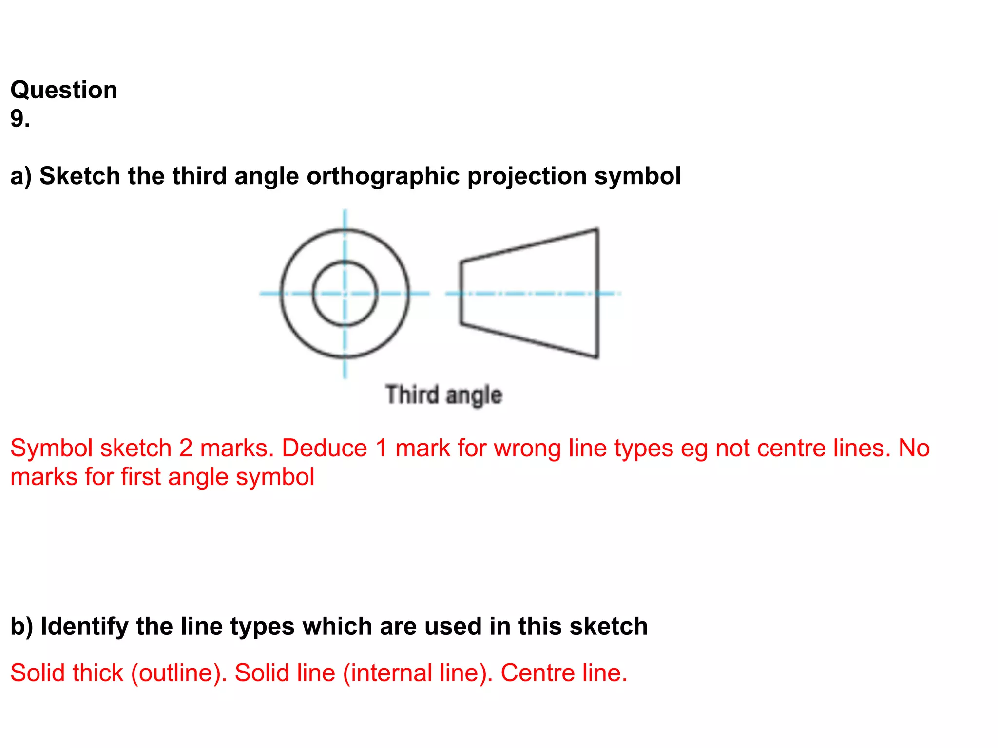 Question
9.

a) Sketch the third angle orthographic projection symbol




Symbol sketch 2 marks. Deduce 1 mark for wrong line types eg not centre lines. No
marks for first angle symbol




b) Identify the line types which are used in this sketch
Solid thick (outline). Solid line (internal line). Centre line.
 