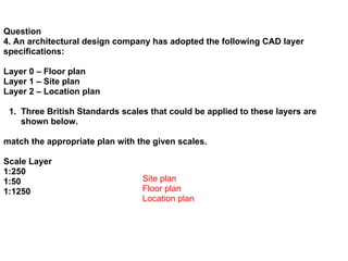 Question
4. An architectural design company has adopted the following CAD layer
specifications:

Layer 0 – Floor plan
Layer 1 – Site plan
Layer 2 – Location plan

 1. Three British Standards scales that could be applied to these layers are
    shown below.

match the appropriate plan with the given scales.

Scale Layer
1:250
1:50                             Site plan
1:1250                           Floor plan
                                 Location plan
 