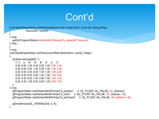 Cont’d
bool NewShaderNode::initWithVertex(const std::string &vert, const std::string &frag,
Texture2D* texture)
{
// snip…
getGLProgramState()->setUniformTexture("u_texture0", texture);
// snip…
}
// snip…
void NewShaderNode::onDraw(const Mat4 &transform, uint32_t flags)
{
GLfloat vertices[48] = {
// x y R G B A U V
0.0f, 0.0f, 1.0f, 0.0f, 0.0f, 1.0f, 0.0f, 1.0f,
0.5f, 0.0f, 0.0f, 1.0f, 0.0f, 1.0f, 1.0f, 1.0f,
0.5f, 0.5f, 0.0f, 0.0f, 1.0f, 1.0f, 1.0f, 0.0f,
0.5f, 0.5f, 0.0f, 0.0f, 1.0f, 1.0f, 1.0f, 0.0f,
0.0f, 0.5f, 0.0f, 1.0f, 0.0f, 1.0f, 1.0f, 1.0f,
0.0f, 0.0f, 1.0f, 0.0f, 0.0f, 1.0f, 0.0f, 1.0f
};
// snip…
glProgramState->setVertexAttribPointer("a_position”, 2, GL_FLOAT, GL_FALSE, 32, vertices);
glProgramState->setVertexAttribPointer("a_color”, 4, GL_FLOAT, GL_FALSE, 32, vertices + 2);
glProgramState->setVertexAttribPointer("a_texCoord”, 2, GL_FLOAT, GL_FALSE, 32, vertices + 6);
glDrawArrays(GL_TRIANGLES, 0, 6);
}
 