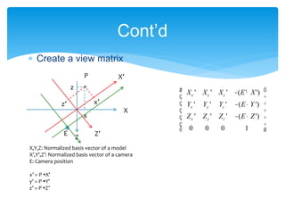  Create a view matrix
Cont’d
X,Y,Z: Normalized basis vector of a model
X’,Y’,Z’: Normalized basis vector of a camera
E: Camera position
x’ = P X’
y’ = P Y’
z’ = P Z’
Xx ' Xy ' Xz ' -(E'· X')
Yx ' Yy ' Yz ' -(E·Y ')
Zx ' Zy ' Zz ' -(E ·Z ')
0 0 0 1
æ
è
ç
ç
ç
ç
ç
ö
ø
÷
÷
÷
÷
÷
Z
X
X’
Z’
P
x
z
x’z’
E
 