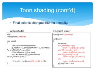 Final color is changed into the intensity.
Toon shading (cont’d)
varying float v_intensity;
void main()
{
vec4 color;
if (v_intensity > 0.95)
color = vec4(1.0,0.5,0.5,1.0);
else if (v_intensity > 0.5)
color = vec4(0.6,0.3,0.3,1.0);
else if (v_intensity > 0.25)
color = vec4(0.4,0.2,0.2,1.0);
else
color = vec4(0.2,0.1,0.1,1.0);
gl_FragColor = color;
}
Snip…
varying float v_intensity;
void main()
{
// Set the transformed position
gl_Position = u_projectionMatrix * u_viewMatrix
* u_worldMatrix * a_position;
// Normal vector in view space
vec3 N = normalize((u_normalMatrix *
vec4(a_normal, 1)).xyz);
v_intensity = max(0.0, dot(N, vec3(0, 0, 1)));
}
Vertex shader Fragment shader
 