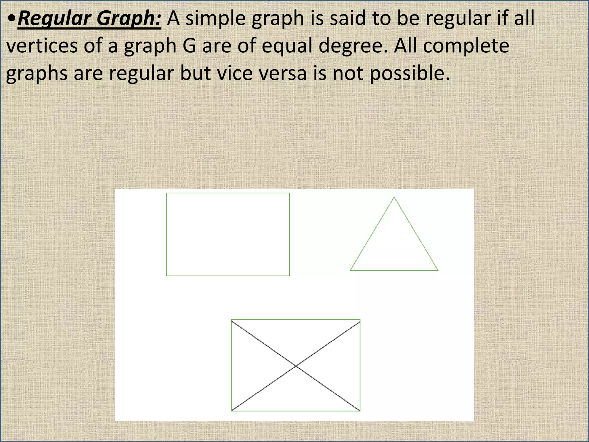 •Regular Graph: A simple graph is said to be regular if all
vertices of a graph G are of equal degree. All complete
graphs are regular but vice versa is not possible.
 