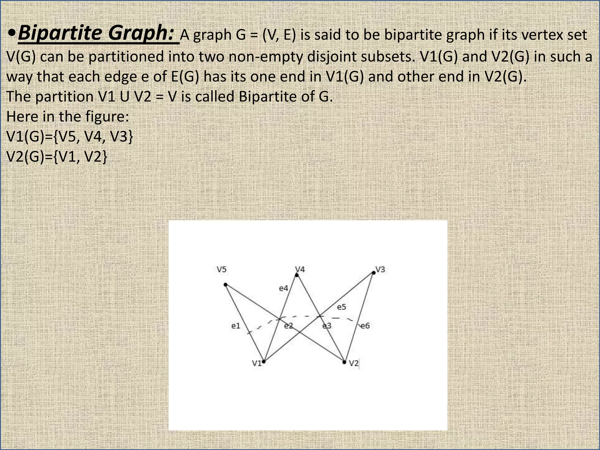 •Bipartite Graph: A graph G = (V, E) is said to be bipartite graph if its vertex set
V(G) can be partitioned into two non-empty disjoint subsets. V1(G) and V2(G) in such a
way that each edge e of E(G) has its one end in V1(G) and other end in V2(G).
The partition V1 U V2 = V is called Bipartite of G.
Here in the figure:
V1(G)={V5, V4, V3}
V2(G)={V1, V2}
 