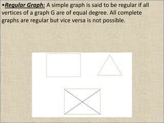 •Regular Graph: A simple graph is said to be regular if all
vertices of a graph G are of equal degree. All complete
graphs are regular but vice versa is not possible.
 