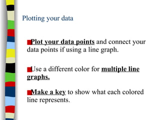 Plotting your data Use a different color for  multiple line graphs. Make a key  to show what each colored line represents. Plot your data points  and connect your data points if using a line graph. 