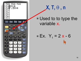 X, T,   , n Used to to type the variable  x. Ex.  Y 1  = 2  x  - 6 