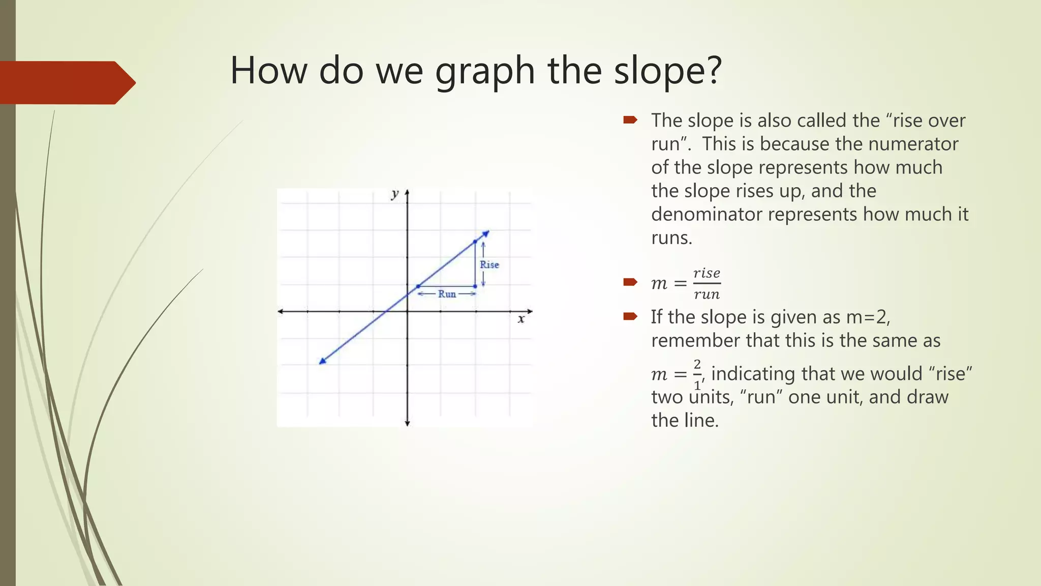 How do we graph the slope?
 The slope is also called the “rise over
run”. This is because the numerator
of the slope represents how much
the slope rises up, and the
denominator represents how much it
runs.
 𝑚 =
𝑟𝑖𝑠𝑒
𝑟𝑢𝑛
 If the slope is given as m=2,
remember that this is the same as
𝑚 =
2
1
, indicating that we would “rise”
two units, “run” one unit, and draw
the line.
 