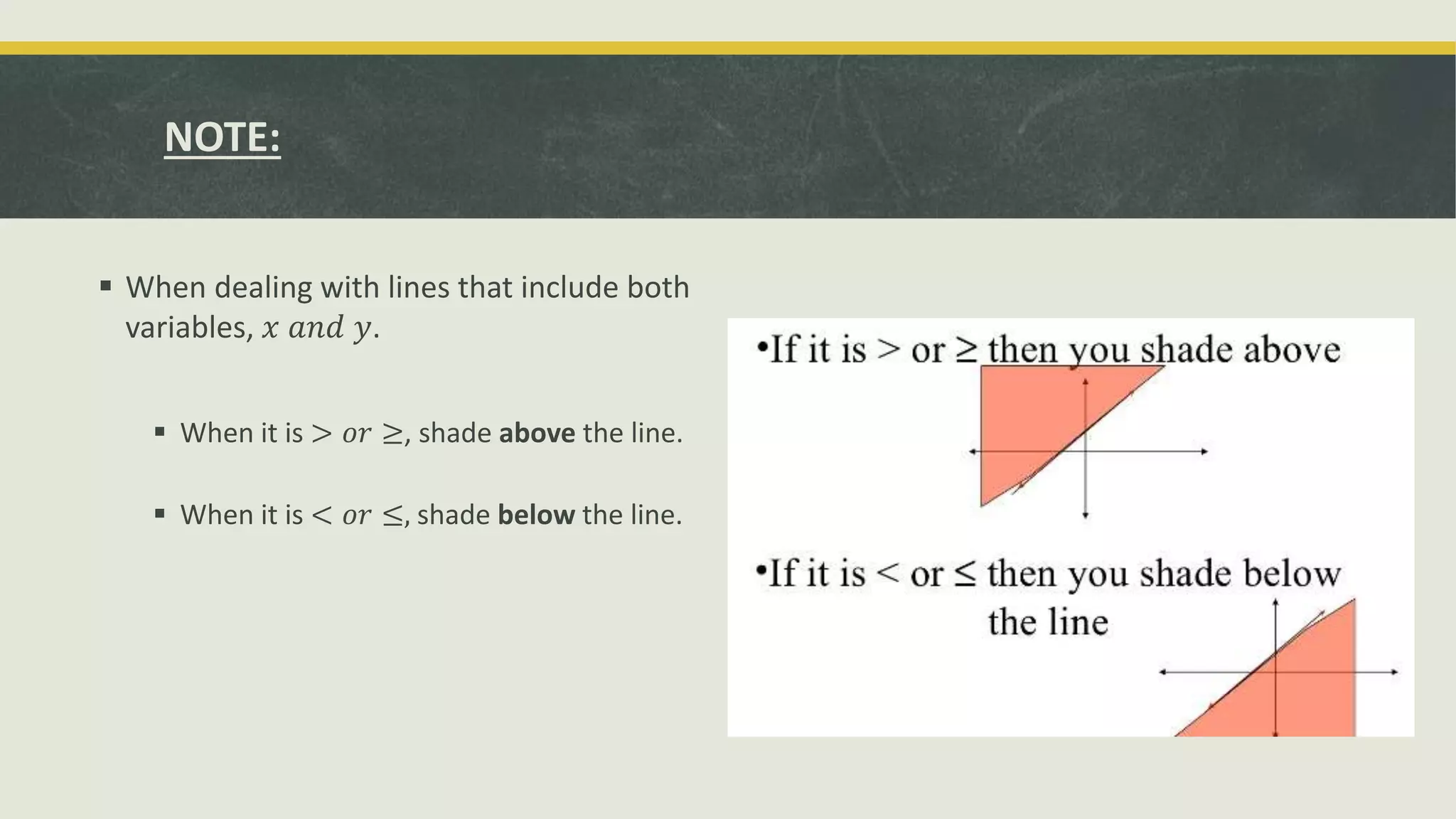 NOTE:
 When dealing with lines that include both
variables, 𝑥 𝑎𝑛𝑑 𝑦.
 When it is > 𝑜𝑟 ≥, shade above the line.
 When it is < 𝑜𝑟 ≤, shade below the line.
 