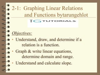 2-1: Graphing Linear Relations
     and Functions bytarungehlot


Objectives:
• Understand, draw, and determine if a
     relation is a function.
• Graph & write linear equations,
     determine domain and range.
• Understand and calculate slope.
 