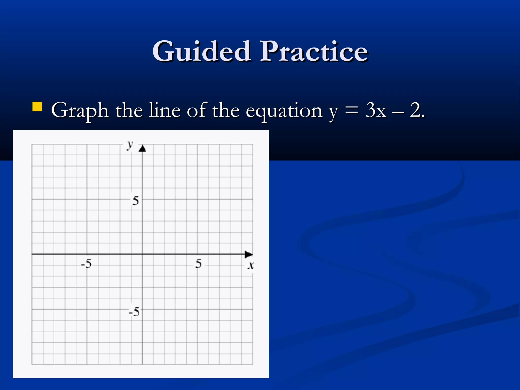 Guided PracticeGuided Practice
 Graph the line of the equation y = 3x – 2.Graph the line of the equation y = 3x – 2.
 