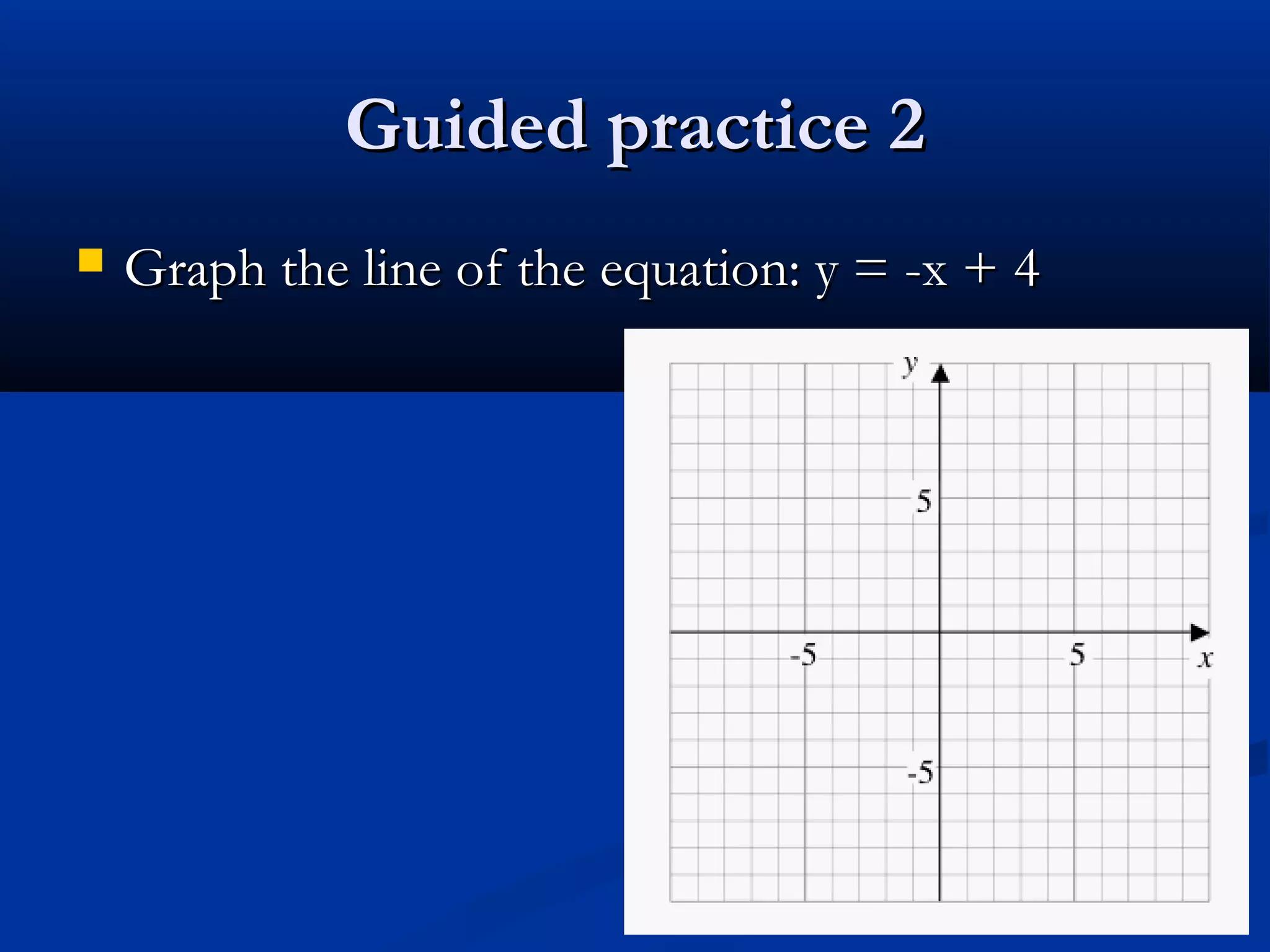 Guided practice 2Guided practice 2
 Graph the line of the equation: y = -x + 4Graph the line of the equation: y = -x + 4
 
