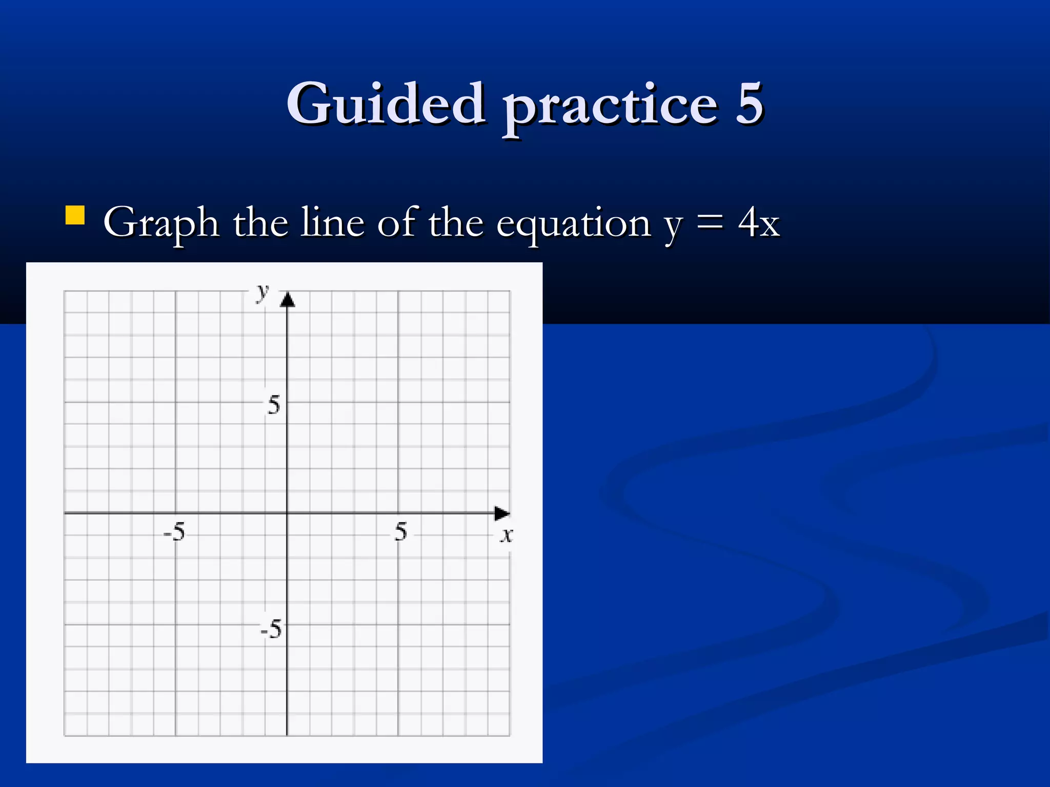 Guided practice 5Guided practice 5
 Graph the line of the equation y = 4xGraph the line of the equation y = 4x
 