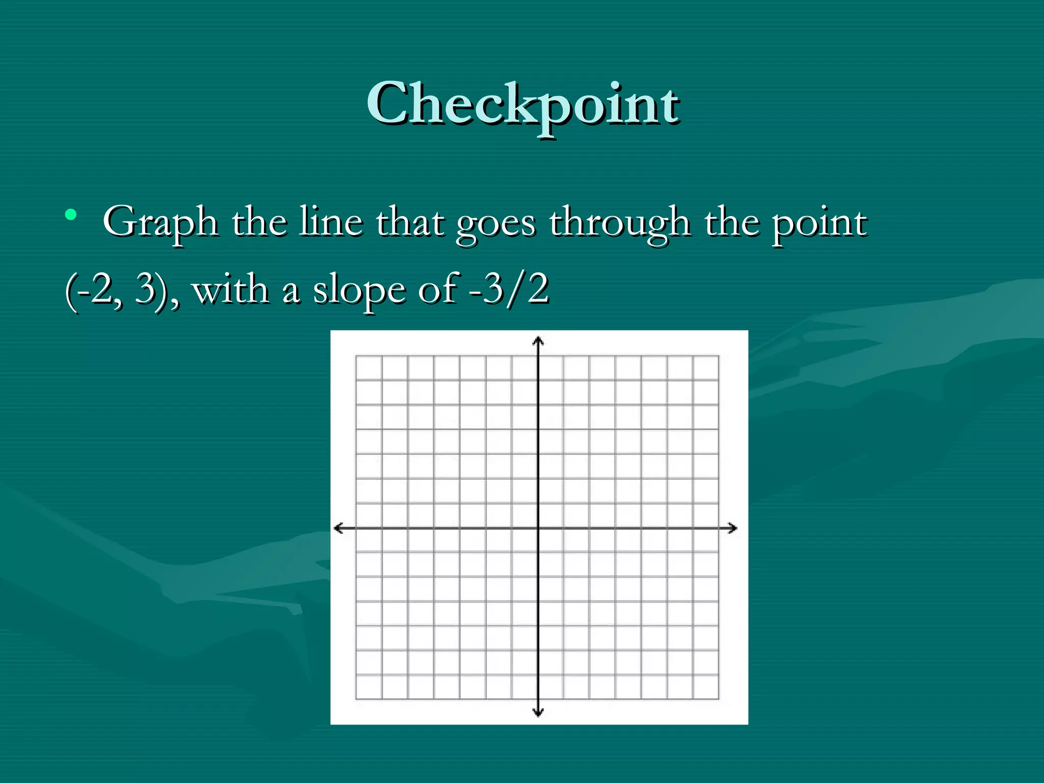 CheckpointCheckpoint
• Graph the line that goes through the pointGraph the line that goes through the point
(-2, 3), with a slope of -3/2(-2, 3), with a slope of -3/2
 