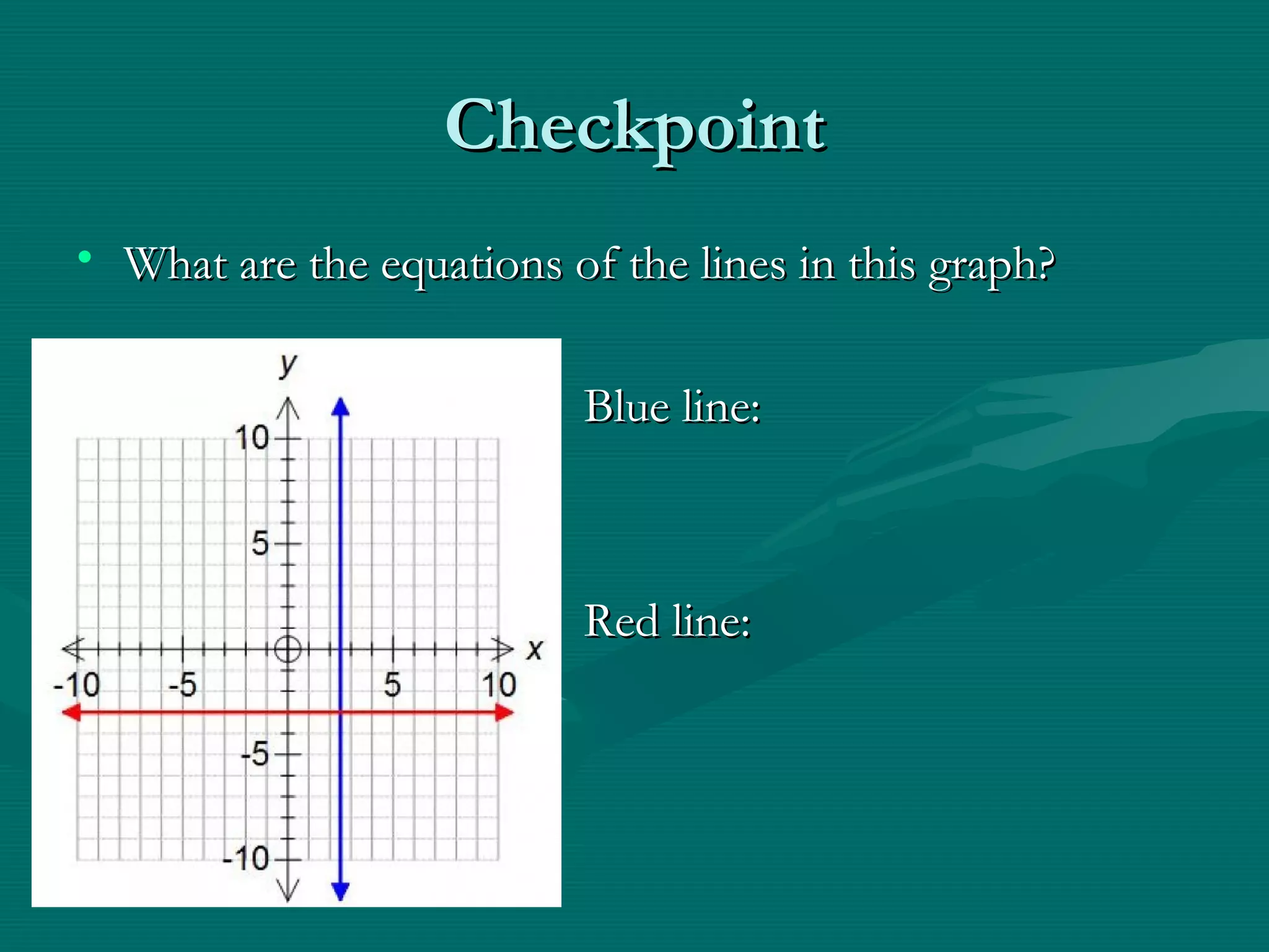 CheckpointCheckpoint
• What are the equations of the lines in this graph?What are the equations of the lines in this graph?
Blue line:Blue line:
Red line:Red line:
 