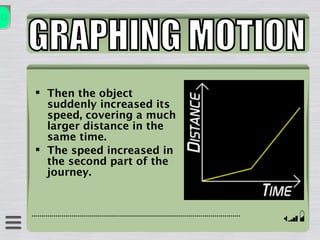  Then the object
suddenly increased its
speed, covering a much
larger distance in the
same time.
 The speed increased in
the second part of the
journey.
 