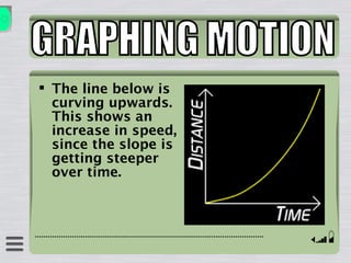  The line below is
curving upwards.
This shows an
increase in speed,
since the slope is
getting steeper
over time.
 