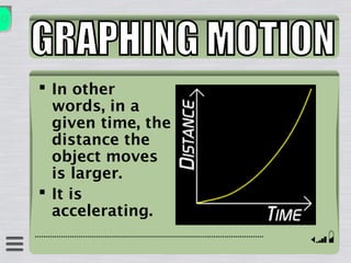 In other
words, in a
given time, the
distance the
object moves
is larger.
 It is
accelerating.
 