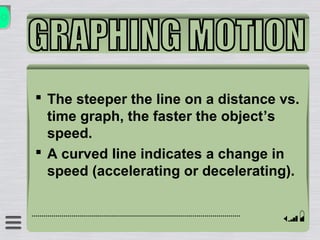  The steeper the line on a distance vs.
time graph, the faster the object’s
speed.
 A curved line indicates a change in
speed (accelerating or decelerating).
 
