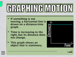  If something is not
moving, a horizontal line is
drawn on a distance-time
graph.
 Time is increasing to the
right, but its distance does
not change.
 This graph shows an
object that is stationary.
 