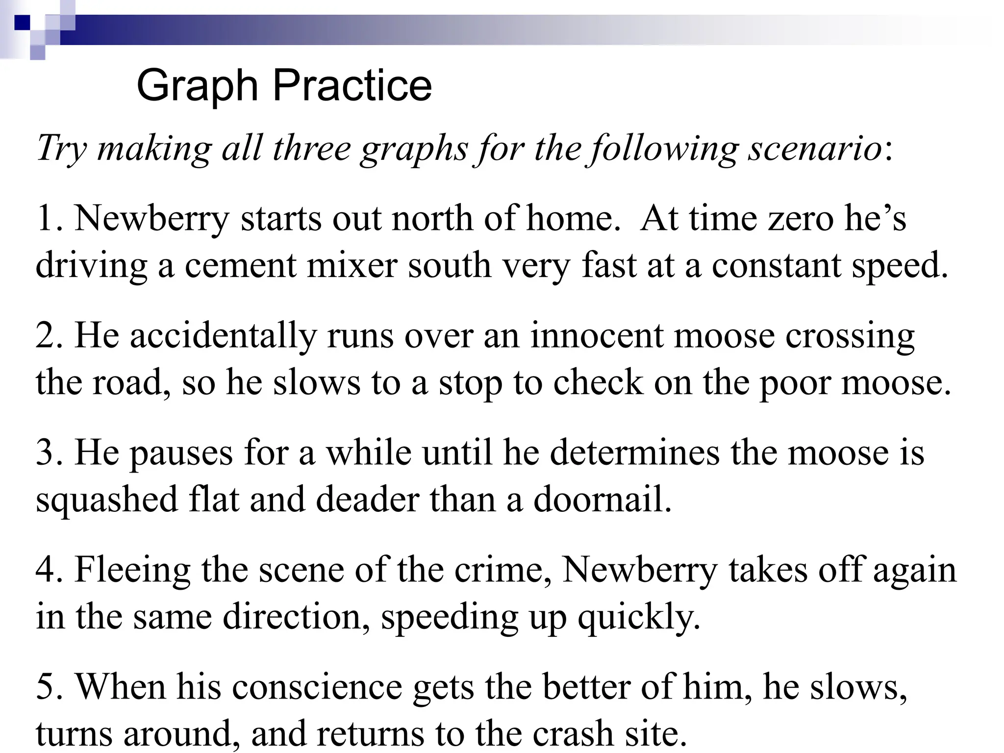 Graph Practice
Try making all three graphs for the following scenario:
1. Newberry starts out north of home. At time zero he’s
driving a cement mixer south very fast at a constant speed.
2. He accidentally runs over an innocent moose crossing
the road, so he slows to a stop to check on the poor moose.
3. He pauses for a while until he determines the moose is
squashed flat and deader than a doornail.
4. Fleeing the scene of the crime, Newberry takes off again
in the same direction, speeding up quickly.
5. When his conscience gets the better of him, he slows,
turns around, and returns to the crash site.
 