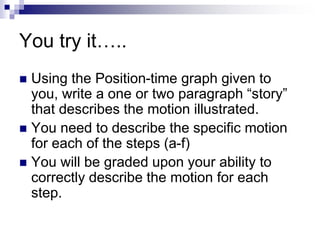 You try it…..
 Using the Position-time graph given to
you, write a one or two paragraph “story”
that describes the motion illustrated.
 You need to describe the specific motion
for each of the steps (a-f)
 You will be graded upon your ability to
correctly describe the motion for each
step.
 