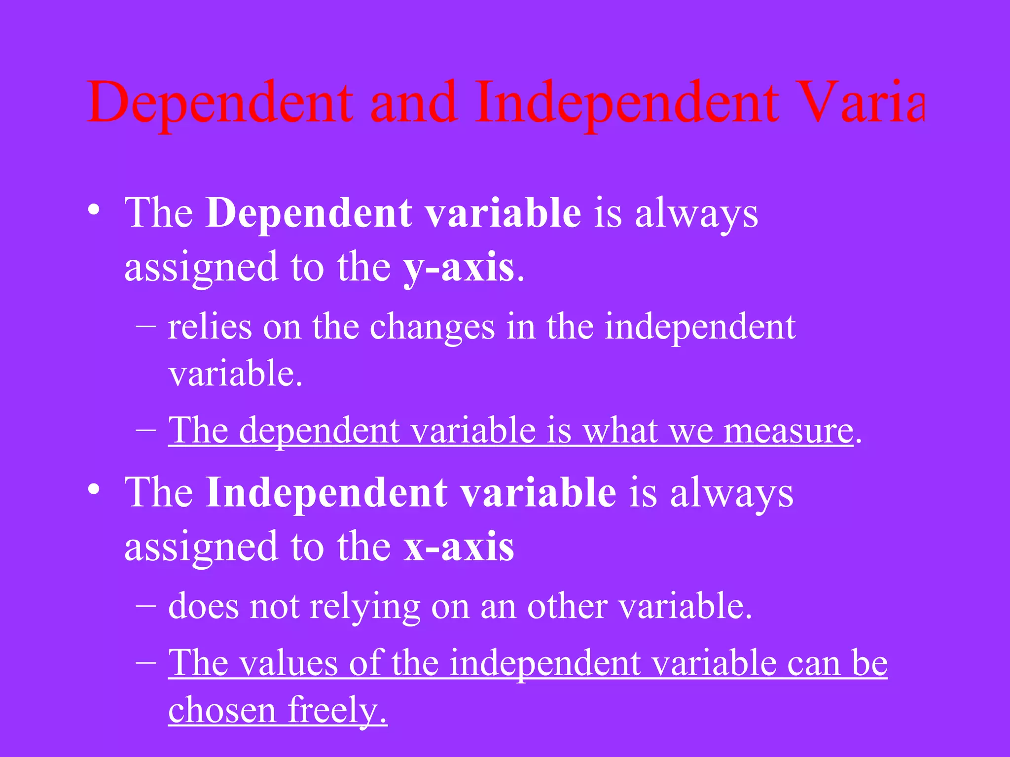 Dependent and Independent Variables The  Dependent variable  is always assigned to the  y-axis .  relies on the changes in the independent variable. The dependent variable is what we measure . The  Independent variable  is always assigned to the  x-axis   does not relying on an other variable. The values of the independent variable can be chosen freely.   