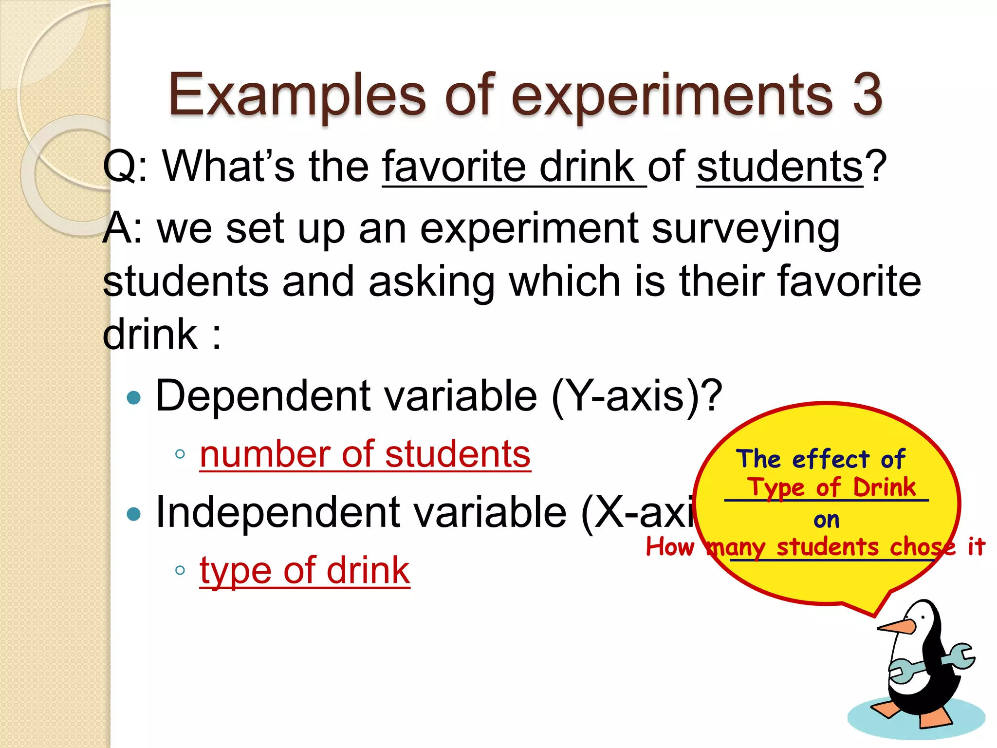 Examples of experiments 3
Q: What’s the favorite drink of students?
A: we set up an experiment surveying
students and asking which is their favorite
drink :
 Dependent variable (Y-axis)?
◦ number of students
 Independent variable (X-axis)?
◦ type of drink
The effect of
_____________
on
_____________
Type of Drink
How many students chose it
 