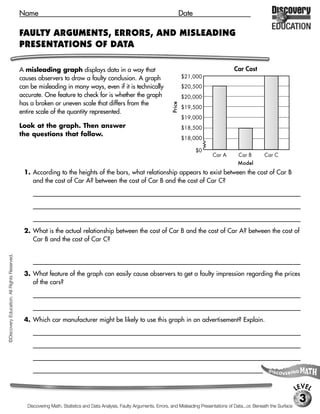 Name                                                                             Date

                                             FAULTY ARGUMENTS, ERRORS, AND MISLEADING
                                             PRESENTATIONS OF DATA

                                             A misleading graph displays data in a way that                                                               Car Cost
                                             causes observers to draw a faulty conclusion. A graph                                $21,000
                                             can be misleading in many ways, even if it is technically                            $20,500
                                             accurate. One feature to check for is whether the graph                              $20,000
                                             has a broken or uneven scale that differs from the




                                                                                                                          Price
                                                                                                                                  $19,500
                                             entire scale of the quantity represented.
                                                                                                                                  $19,000
                                             Look at the graph. Then answer                                                       $18,500
                                             the questions that follow.
                                                                                                                                  $18,000

                                                                                                                                      $0
                                                                                                                                               Car A        Car B        Car C
                                                                                                                                                           Model
                                              1. According to the heights of the bars, what relationship appears to exist between the cost of Car B
                                                 and the cost of Car A? between the cost of Car B and the cost of Car C?
                                                  [The heights of the bars seem to indicate that the cost of Car A is three times the cost of Car B while the cost

                                                  of Car C is three and one half times the cost of Car B.]



                                              2. What is the actual relationship between the cost of Car B and the cost of Car A? between the cost of
                                                 Car B and the cost of Car C?
                                                  [Car A is only $2,000 more than Car B, close to 10% more, rather than three times as much. Car C is
©Discovery Education. All Rights Reserved.




                                                  $2,500 more than Car B, close to 14% more, rather than three and one half times as much.]

                                              3. What feature of the graph can easily cause observers to get a faulty impression regarding the prices
                                                 of the cars?
                                                  [The vertical scale, broken between $0 and $18,000.]



                                              4. Which car manufacturer might be likely to use this graph in an advertisement? Explain.
                                                  [The car manufacturer that produces Car B. It displays misleading information about the price of Car B in

                                                  relation to other company’s cars in a manner that makes Car B look much less expensive, when the difference

                                                   is not as great as it looks in the graph. Customers who observe the graph will get the faulty impression that

                                                  the cost of the other cars is three to four times the cost of Car B.]


                                                                                                                                                                                           LEVEL
                                                                                                                                                                                            3
                                                Discovering Math, Statistics and Data Analysis, Faulty Arguments, Errors, and Misleading Presentations of Data...or, Beneath the Surface
 