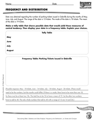 Name                                                                      Date

                                             FREQUENCY AND DISTRIBUTION

                                             Data was obtained regarding the number of parking tickets issued in Oakville during the months of May,
                                             June, July, and August. The range of the data is 12 tickets. The mode of the data is 18 tickets. The mean
                                             of the data is 19 tickets.

                                             Make a tally table that shows possible data that would yield these measures of
                                             central tendency. Then display your data in a frequency table. Explain your choices.

                                                                                                     Tally Table

                                              May

                                              June

                                              July

                                              August



                                                                     Frequency Table: Parking Tickets Issued in Oakville
©Discovery Education. All Rights Reserved.




                                             [Possible response: May - 18 tickets, June - 14 tickets, July - 18 tickets, August - 26 tickets. (These would

                                             need to be the numbers, but the months could differ.) If there is a mode, there have to be more than one 18.

                                             So there must be at least two 18s. The total has to be 76 to have a mean of 19. So the other two numbers

                                             have to add to 40. The only whole numbers that add to 40 with a range of 12 are 14 and 26.]




                                                                                                                                                                   LEVEL
                                                                                                                                                                    3
                                                             Discovering Math, Statistics and Data Analysis, Frequency and Distribution...or, Divide and Conquer
 