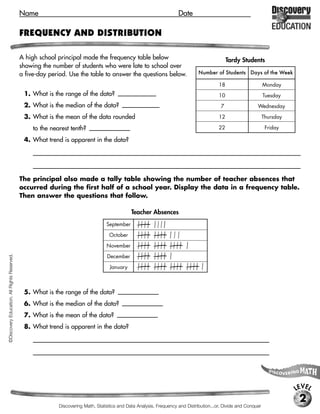 Name                                                                     Date

                                             FREQUENCY AND DISTRIBUTION

                                             A high school principal made the frequency table below                                            Tardy Students
                                             showing the number of students who were late to school over
                                             a five-day period. Use the table to answer the questions below.                    Number of Students Days of the Week

                                                                                                                                          18                      Monday
                                              1. What is the range of the data?           [15 students]                                   10                      Tuesday
                                              2. What is the median of the data? [12 students]                                             7                 Wednesday

                                              3. What is the mean of the data rounded                                                     12                      Thursday

                                                  to the nearest tenth? [13.8 students]                                                   22                       Friday

                                              4. What trend is apparent in the data?
                                                  [Possible response: the greatest number of students are tardy on Friday and Monday, the days before

                                                  and after the weekend.]

                                             The principal also made a tally table showing the number of teacher absences that
                                             occurred during the first half of a school year. Display the data in a frequency table.
                                             Then answer the questions that follow. [Check students’ frequency tables.]

                                                                                               Teacher Absences
                                                                                   September

                                                                                    October

                                                                                   November
©Discovery Education. All Rights Reserved.




                                                                                   December

                                                                                    January



                                              5. What is the range of the data?           [12 absences]

                                              6. What is the median of the data?            [13 absences]

                                              7. What is the mean of the data?            [14 absences]

                                              8. What trend is apparent in the data?
                                                  [Possible response: the fewest absences occur during the first month of the school year.]




                                                                                                                                                                             LEVEL
                                                                                                                                                                              2
                                                            Discovering Math, Statistics and Data Analysis, Frequency and Distribution...or, Divide and Conquer
 
