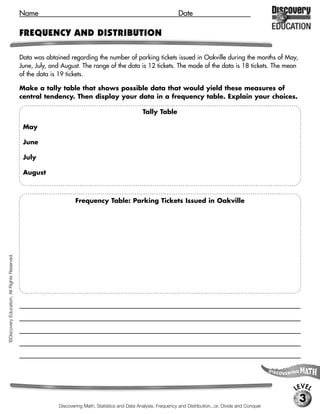 Name                                                                      Date

                                             FREQUENCY AND DISTRIBUTION

                                             Data was obtained regarding the number of parking tickets issued in Oakville during the months of May,
                                             June, July, and August. The range of the data is 12 tickets. The mode of the data is 18 tickets. The mean
                                             of the data is 19 tickets.

                                             Make a tally table that shows possible data that would yield these measures of
                                             central tendency. Then display your data in a frequency table. Explain your choices.

                                                                                                     Tally Table

                                              May

                                              June

                                              July

                                              August



                                                                     Frequency Table: Parking Tickets Issued in Oakville
©Discovery Education. All Rights Reserved.




                                             [Possible response: May - 18 tickets, June - 14 tickets, July - 18 tickets, August - 26 tickets. (These would

                                             need to be the numbers, but the months could differ.) If there is a mode, there have to be more than one 18.

                                             So there must be at least two 18s. The total has to be 76 to have a mean of 19. So the other two numbers

                                             have to add to 40. The only whole numbers that add to 40 with a range of 12 are 14 and 26.]




                                                                                                                                                                   LEVEL
                                                                                                                                                                    3
                                                             Discovering Math, Statistics and Data Analysis, Frequency and Distribution...or, Divide and Conquer
 