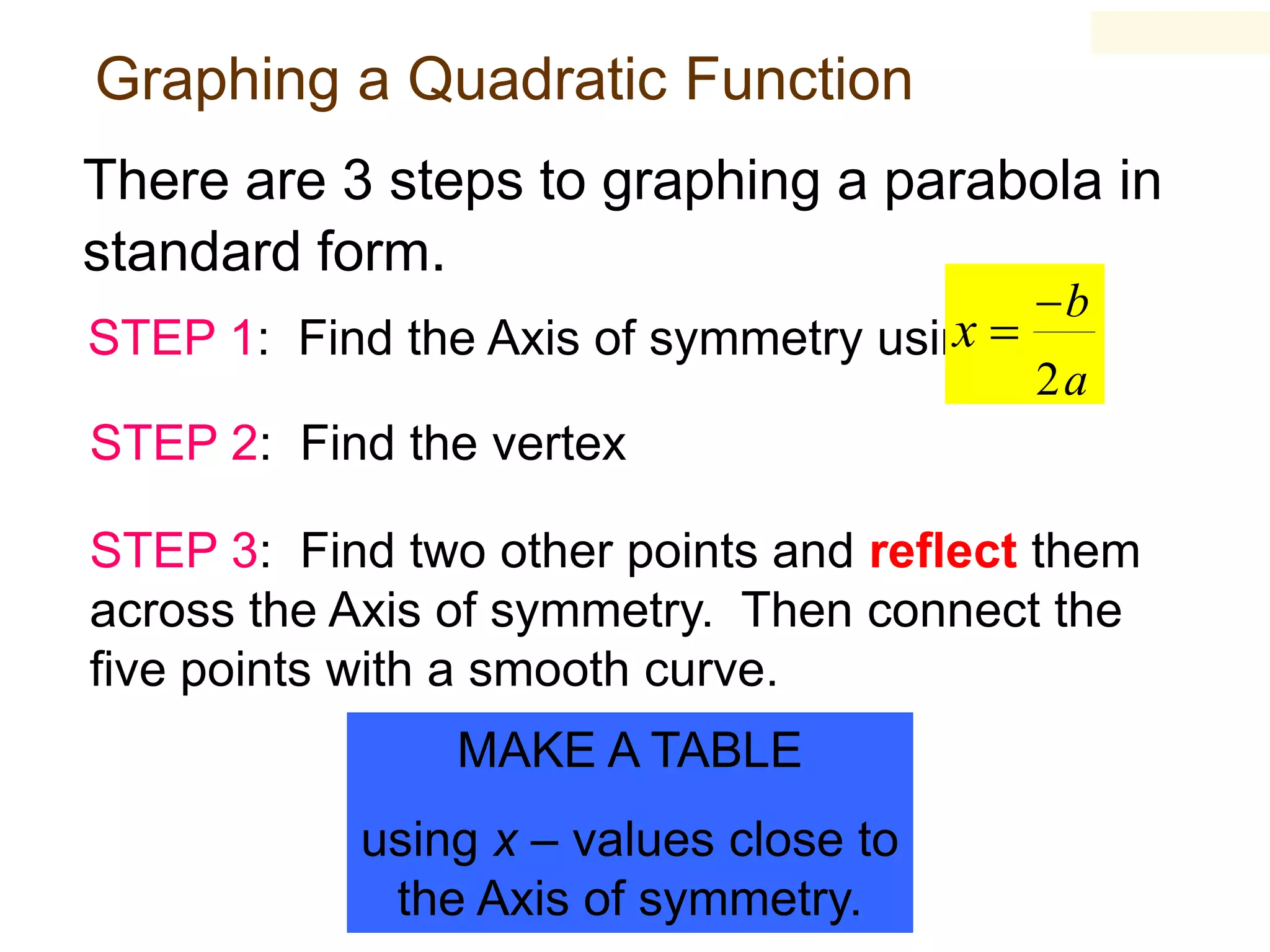 Graphing a Quadratic Function
There are 3 steps to graphing a parabola in
standard form.
x
STEP 1: Find the Axis of symmetry using:

b
2a

STEP 2: Find the vertex
STEP 3: Find two other points and reflect them
across the Axis of symmetry. Then connect the
five points with a smooth curve.
MAKE A TABLE
using x – values close to
the Axis of symmetry.

 