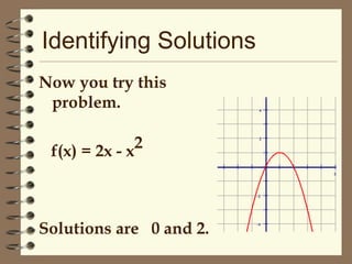 Identifying Solutions
Now you try this
problem.
2
f(x) = 2x - x

4

2

5

-2

Solutions are 0 and 2.

-4

 