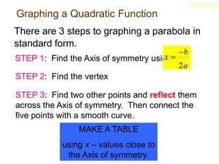 Graphing a Quadratic Function
There are 3 steps to graphing a parabola in
standard form.
x
STEP 1: Find the Axis of symmetry using:

b
2a

STEP 2: Find the vertex
STEP 3: Find two other points and reflect them
across the Axis of symmetry. Then connect the
five points with a smooth curve.
MAKE A TABLE
using x – values close to
the Axis of symmetry.

 