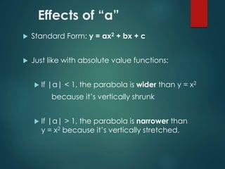 Effects of “a”
 Standard Form: y = ax2 + bx + c
 Just like with absolute value functions:
 If |a| < 1, the parabola is wider than y = x2
because it’s vertically shrunk
 If |a| > 1, the parabola is narrower than
y = x2 because it’s vertically stretched.
 