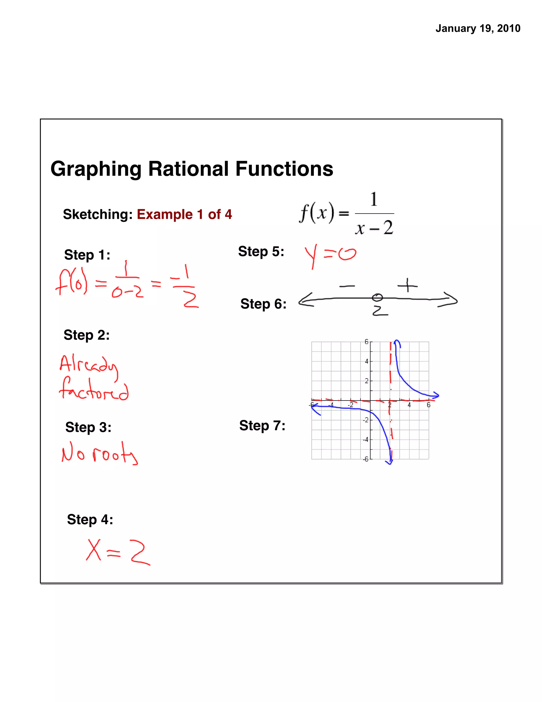 January 19, 2010




Graphing Rational Functions

 Sketching: Example 1 of 4

 Step 1:                     Step 5:


                             Step 6:

 Step 2:




 Step 3:                     Step 7:




 Step 4:
 