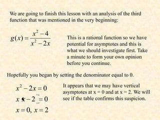 We are going to finish this lesson with an analysis of the third
 function that was mentioned in the very beginning:

             2
            x 4
 g ( x)      2
                            This is a rational function so we have
           x 2x             potential for asymptotes and this is
                            what we should investigate first. Take
                            a minute to form your own opinion
                            before you continue.

Hopefully you began by setting the denominator equal to 0.

                          It appears that we may have vertical
    x2 2x 0               asymptotes at x = 0 and at x = 2. We will
    xx 2 0                see if the table confirms this suspicion.

    x 0, x 2
 