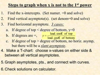 Steps to graph when x is not to the 1st power
1. Find the x-intercepts. (Set numer. =0 and solve)
2. Find vertical asymptote(s). (set denom=0 and solve)
3. Find horizontal asymptote. 3 cases:
   a. If degree of top < degree of bottom, y=0
                                lead. coeff. of top
   b. If degrees are =, y
                              lead. coeff. of bottom
   c. If degree of top > degree of bottom, no horiz. asymp,
      but there will be a slant asymptote.
4. Make a T-chart: choose x-values on either side &
  between all vertical asymptotes.
5. Graph asymptotes, pts., and connect with curves.
6. Check solutions on calculator.
 