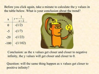 x 0 -5 -20 -100 Before you click again, take a minute to calculate the y values in the table below. What is your conclusion about the trend? -(1/2) -(1/7) -(1/22) -(1/102) Conclusion: as the x values get closer and closer to negative infinity, the y values will get closer and closer to 0.  Question: will the same thing happen as x values get closer to positive infinity? 
