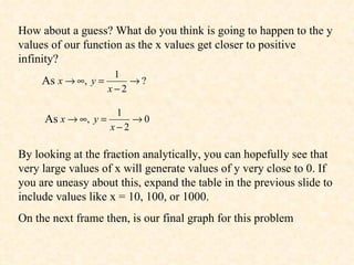 How about a guess? What do you think is going to happen to the y values of our function as the x values get closer to positive infinity? As By looking at the fraction analytically, you can hopefully see that very large values of x will generate values of y very close to 0. If you are uneasy about this, expand the table in the previous slide to include values like x = 10, 100, or 1000. On the next frame then, is our final graph for this problem As 