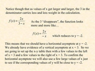 Notice though that as values of x get larger and larger, the 3 in the denominator carries less and less weight in the calculation. As the 3 “disappears”, the function looks more and more like… which reduces to y = -2. This means that we should have a horizontal asymptote at y = -2. We already have evidence of a vertical asymptote at x = 3.  So we are going to set up the x-y table then with a few values to the left of x = 3 and a few values to the right of x = 3. To confirm the horizontal asymptote we will also use a few large values of x just to see if the corresponding values of y will be close to y = -2.  