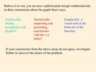 Believe it or not, you are now sophisticated enough mathematically to draw conclusions about the graph three ways: Analytically: finding asymptotes with algebra!! Numerically: supporting and generating conclusions with the x-y table!! Graphically: a visual look at the behavior of the function. If your conclusions from the above areas do not agree, investigate further to uncover the nature of the problem. 
