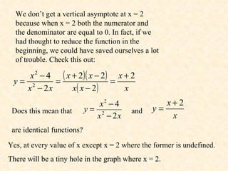 We don’t get a vertical asymptote at x = 2 because when x = 2 both the numerator and the denominator are equal to 0. In fact, if we had thought to reduce the function in the beginning, we could have saved ourselves a lot of trouble. Check this out: Yes, at every value of x except x = 2 where the former is undefined. There will be a tiny hole in the graph where x = 2. Does this mean that  and  are identical functions?  